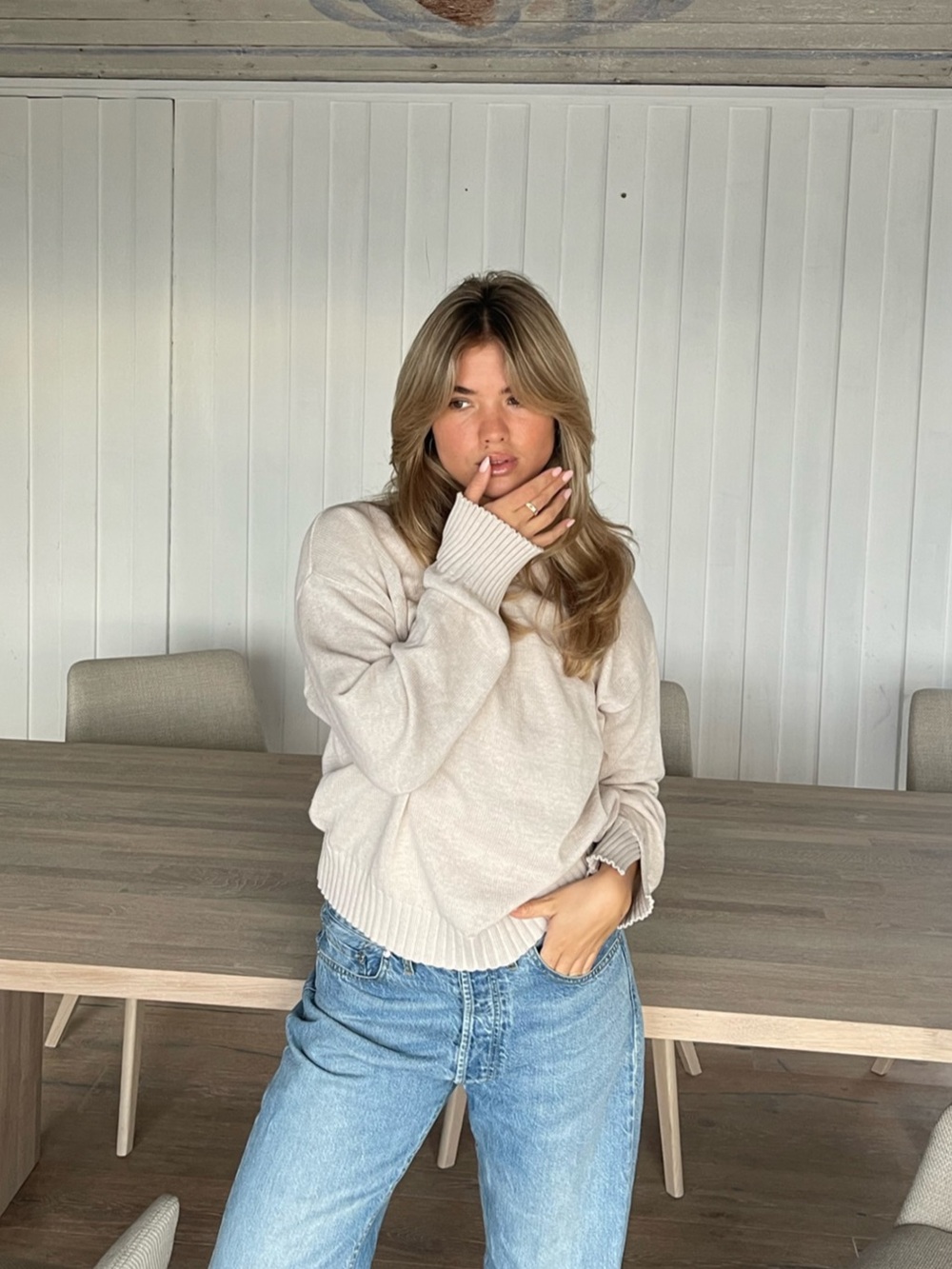 Djerf Avenue Beige Crewneck Sweater